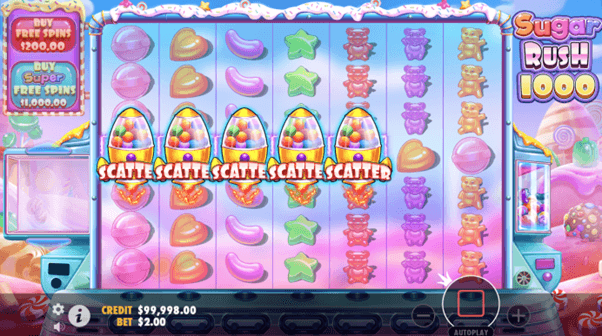 Sugar Rush 1000 Casino-Gäste spielen an Reihen von modernen leuchtenden Spielautomaten